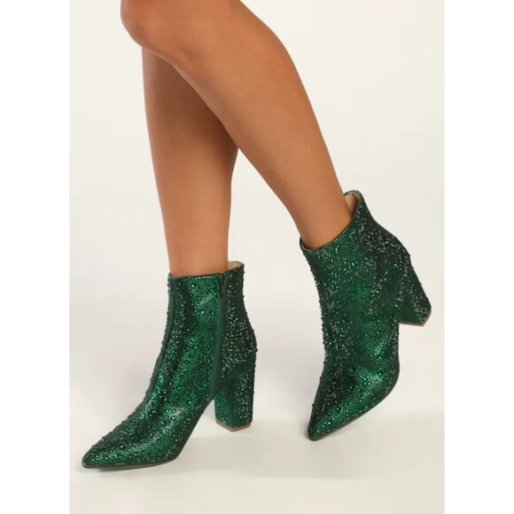 Betsey Johnson Emerald Green Cady Glass Rhinestone Boots Women's US 7M - Picture 1 of 7